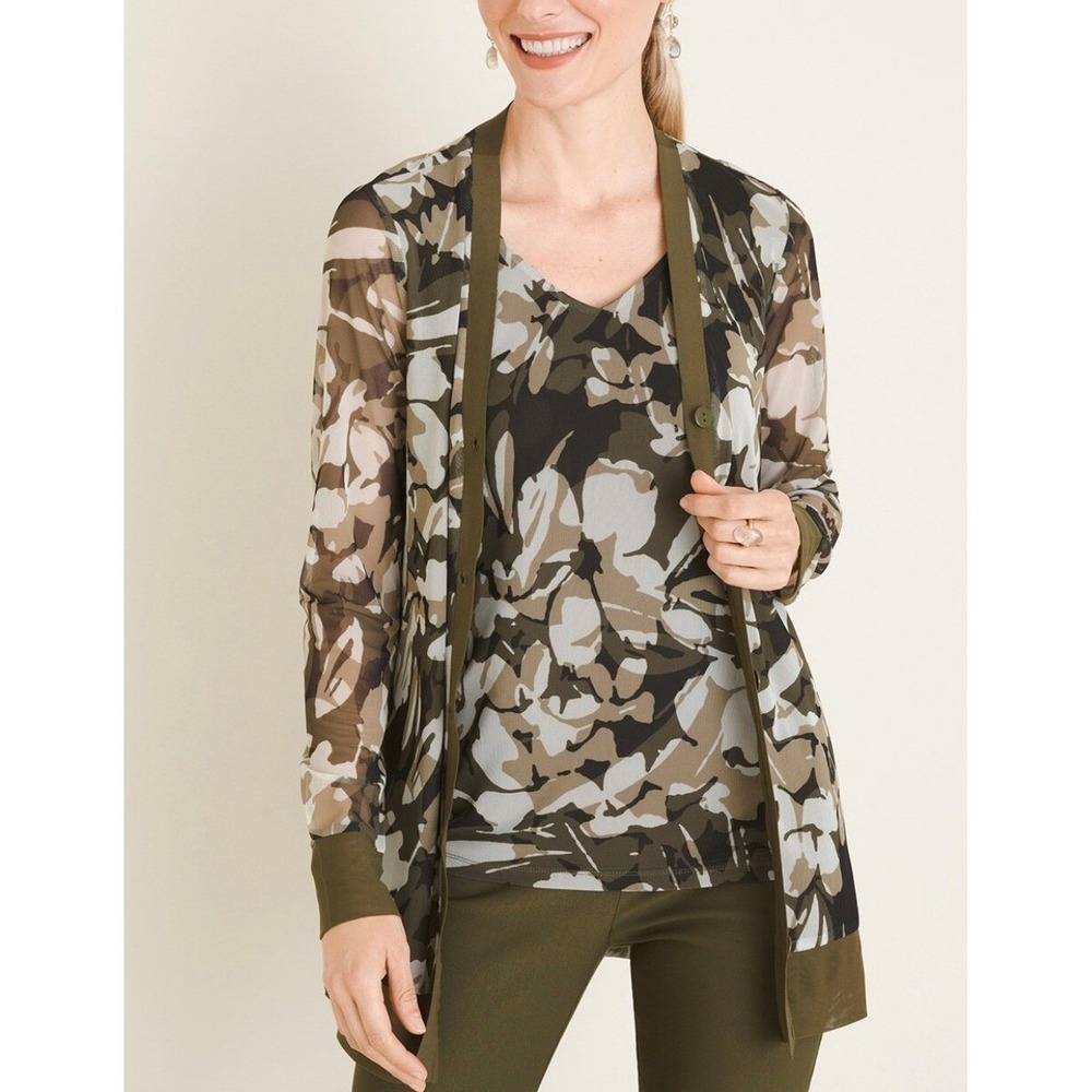 Chicos Women's Sz 1 Floral Sheer Cardigan Cover Up Olive Green Button‎ Front Med